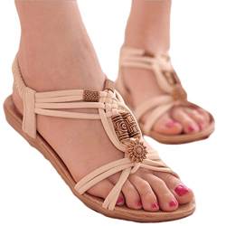 Sandale Sandalen Frau Sandalen Sommer Frau Schuhe Flip Flops Frau Strandschuhe Gladiator Perlen Sandalen Dame Sandalen mit niedrigem Absatz Schuhe 40 Beige von KMGJC