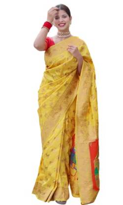 KNETLI Banarasi Baumwoll-Seiden-Saree für Damen, traditioneller indischer Saris mit reinem Zari-Arbeitssari für Damen mit ungenähter Bluse, gelb, One size von KNETLI
