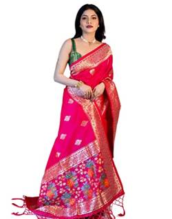 KNETLI Banarasi Seiden-Saree für Damen, traditionell, indisch, Zari-Arbeit, Saree für Damen, mit ungenähter Bluse, Pink, Einheitsgröße von KNETLI
