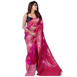 KNETLI Pink Banarasi Seiden-Saree für Damen, traditioneller indischer Zari-Arbeit, Saree für Damen, mit ungenähter Bluse, Pink, Einheitsgröße von KNETLI