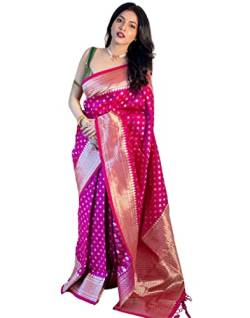 KNETLI Pink Banarasi Seiden-Saree für Damen, traditioneller indischer Zari-Arbeit, Saree für Damen, mit ungenähter Bluse, Pink, Einheitsgröße von KNETLI