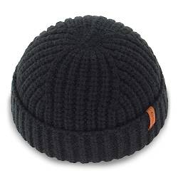 KNITDAY Chunky Wool Fisherman Short Beanie Hüte Skull Cap für Herren, dicke Skater Streetwear Fishermans Beanie Daily Hat, Schwarz, M/L von KNITDAY