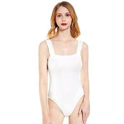 KOEMCY Body Damen Sexy Ärmellos mit Eckigem Ausschnitt Body Shaper Schmal Geschnittenes Dehnbares Tank Top Bodysuits (Weiß,S) von KOEMCY