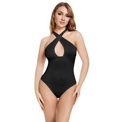 KOEMCY Body Damen Sexy Criss Cross Cut Out Neckholder Ärmelloser Body Shaper Schmal Stretch Tank Top Bodysuits (Schwarz,L) von KOEMCY