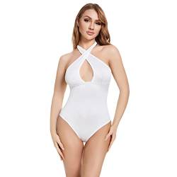 KOEMCY Body Damen Sexy Criss Cross Cut Out Neckholder Ärmelloser Body Shaper Schmal Stretch Tank Top Bodysuits (Weiß,XL) von KOEMCY