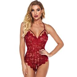 KOEMCY Body Dessous Damen Sexy Body Dessous Set Spitze Bodysuit Tiefer V-Ausschnitt Negligee Spitze Lingerie Top Einteiliger Babydoll Negligee Erotisches Reizwäsche Lingerie (Rot, XL) von KOEMCY