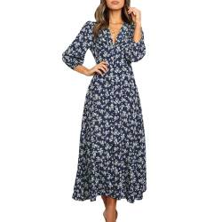 KOEMCY Boho Kleid Damen Blumen Langarm Herbst Kleider Hemdblusenkleid V-Ausschnitt Midikleid Button Down Strandkleid Blusenkleid Swing-Kleid (Blau,L) von KOEMCY