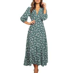 KOEMCY Boho Kleid Damen Blumen Langarm Herbst Kleider Hemdblusenkleid V-Ausschnitt Midikleid Button Down Strandkleid Blusenkleid Swing-Kleid (Grün,L) von KOEMCY