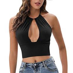 KOEMCY Crop Tops Damen Crop Tank Tops Ärmellose Top Bauchfreie Crop Tops Sexy Cut Outs Camisole Tank Top Casual Unterhemd (Schwarz, M) von KOEMCY