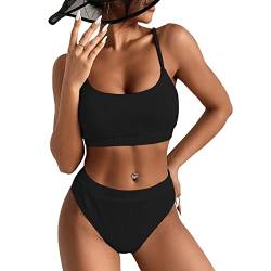 KOEMCY Damen Bikini Set High Waist Schwimmanzug Trendy Sexy Bademode Zweiteiliger Badeanzug Triangel Bikini Swimsuit Beachwear (Schwarz,L) von KOEMCY