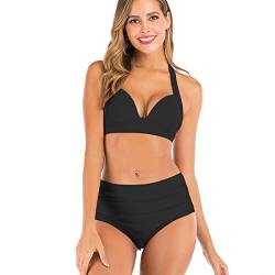 KOEMCY Damen Bikini Set Sexy High Waist Schwimmanzug Strandmode Zweiteiliger Badeanzug Triangel Bikini Swimsuit Beachwear (Schwarz,XL) von KOEMCY