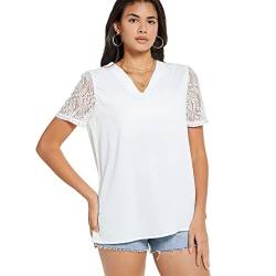 KOEMCY Damen Bluse Spitze T-Shirt Tops Elegant V Ausschnitt Oberteile Tunika Tops Elegante Blusen Tops Sommer (Weiß,L) von KOEMCY