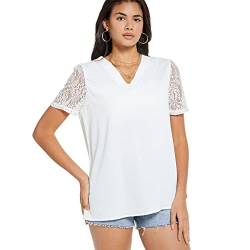KOEMCY Damen Bluse Spitze T-Shirt Tops Elegant V Ausschnitt Oberteile Tunika Tops Elegante Blusen Tops Sommer (Weiß,XL) von KOEMCY
