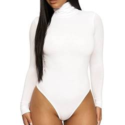 KOEMCY Damen Body Langarm Bodysuit Rollkragen Jumpsuit Elegant Schmal Bodysuits Tops Shapewear Overall Pullover Unterzieh Body Tops Freizeit Bodysuit (Weiß,M) von KOEMCY