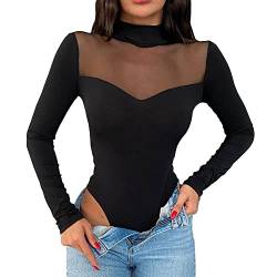 KOEMCY Damen Body Langarm Sexy Mesh Bodysuit Elegant Oberteil Schmal Korsett Tops Overalls Jumpsuit Unterziehbody Blusebody (Schwarz,S) von KOEMCY