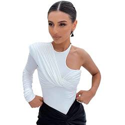 KOEMCY Damen Body Langarm Sexy One Shoulder Bodysuit Schmal Korsett Tops Overalls Jumpsuit Unterziehbody Blusebody Elegant Oberteil (Weiß,M) von KOEMCY