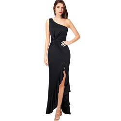 KOEMCY Damen Kleider Sexy One Shoulder Cocktailkleider Elegant Raffungen Beinschlitz Party Kleid Hochzeit Abendkleider Ärmelloses (Schwarz,M) von KOEMCY