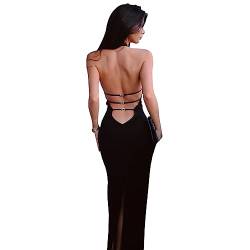 KOEMCY Damen Kleider Sexy Rückenfrei Kleid Neckholder Knielang Abendkleid Ärmelloses Bodycon Partykleid Sommerkleid (Schwarz, L) von KOEMCY