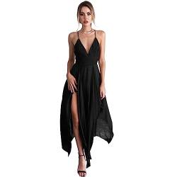 KOEMCY Damen Kleider Sexy Rückenfrei Midikleid Spaghettiträger Partykleid V-Ausschnitt Kleider mit Schlitz Cocktailkleider Elegant Abendkleider Ärmellos (Schwarz, M) von KOEMCY