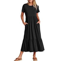 KOEMCY Damen Kleider Sommerkleid Kurzarm Kleider Blusekleid A-Linie Kleid Strandkleid Langes Kleid Maxikleid mit Taschen (Schwarz, S) von KOEMCY