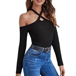 KOEMCY Damen Pullover Strickpullover Sexy Schulterfreier Langarm Oberteile Kreuz Verknotet Slim Fit Stricktop Casual Top Herbst Winter (Schwarz,XL) von KOEMCY