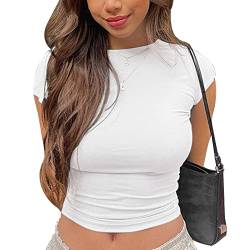 KOEMCY Damen Rückenfreies Oberteile T-Shirt Sexy Y2K Kurzarm Crop Top Oberteile Cut Out Pullover Front Back Reversible Tops Casual Basic Slim Fit Shirt Bluse Streetwear (Weiß,M) von KOEMCY