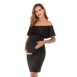 KOEMCY Damen Umstandskleid Off Shoulder Schwangerschaftskleid Stillkleid Sommer Lässiges Schwangere Kleider (Schwarz, L) von KOEMCY