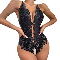 KOEMCY Dessous Damen Body Damen Sexy Spitze Unterwäsche Bodysuit V-Ausschnitt Erotische Lingerie Negligee Sexy Teddy Reizwäsche (Schwarz-2, L) von KOEMCY