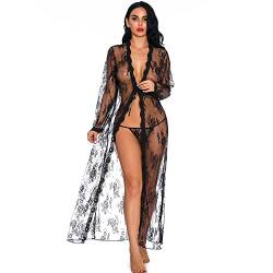 KOEMCY Dessous für Damen Cardigan Robe Sexy Durchsichtig Spitze Morgenmantel Nachtwäsche Durchsichtiges TüLl Mesh Erotische Unterwäsche Cover up (Schwarz,S) von KOEMCY