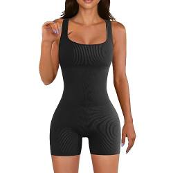 KOEMCY Jumpsuit Damen Kurz One Piece Bodysuit Nahtloser Stretch Bodycon Ärmellose Tank Top Romper Overall Square Ausschnitt Playsuit Casual Yoga Fitness (Schwarz, L) von KOEMCY