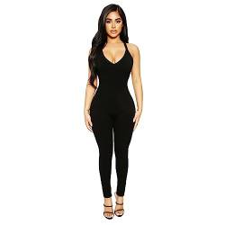 KOEMCY Jumpsuit Damen Lang Eng Yoga Bodycon Bodysuit Rückenfrei Einteiler One Piece Overall Sommer Casual Hosenanzug Strampler Playsuit Ärmellos Nahtloser Romper (Schwarz, L) von KOEMCY