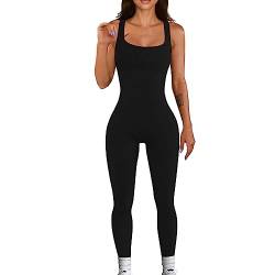 KOEMCY Jumpsuit Damen Lang Jumpsuit Ärmellos Overall Square Ausschnitt Playsuit Sexy One Piece Bodycon Ärmellose Sportanzug Einteiler Ganzkörperanzug Trainingsanzug (Schwarz, M) von KOEMCY