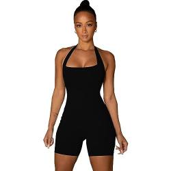 KOEMCY Jumpsuit Damen Sexy Ärmellos Rückenfrei Einteiler One Piece Overall Nahtlos Stretch Bodycon Gym Yoga Jumpsuit Shorts (Schwarz,M) von KOEMCY