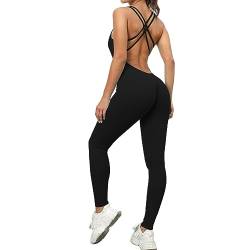 KOEMCY Jumpsuit Damen Sommer Rückenfrei Bodycon One Piece Bodysuit Romper Strampler Spielanzug Ärmellose Spaghetti Strap Einteiler Sport Overall (Schwarz, M) von KOEMCY