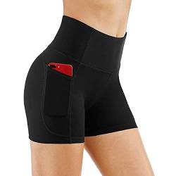 KOEMCY Kurze Sporthose Damen, Hohe Taille Yoga Sport Shorts mit Taschen, Kurze Hose Leggings Radlerhose Laufhose Blickdicht Sommer Hotpants für Gym Fitness Workout Yoga (Schwarz, L) von KOEMCY