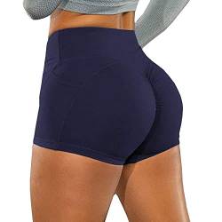 KOEMCY Kurze Sporthose Damen, Yoga Sport Shorts mit Taschen, Kurze Hose Leggings Radlerhose Laufhose für Gym Fitness Workout Yoga (Blau, L) von KOEMCY