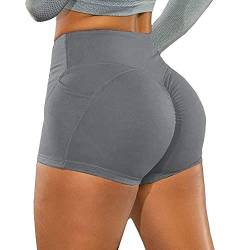 KOEMCY Kurze Sporthose Damen, Yoga Sport Shorts mit Taschen, Kurze Hose Leggings Radlerhose Laufhose für Gym Fitness Workout Yoga (Grau, S) von KOEMCY