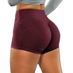 KOEMCY Kurze Sporthose Damen, Yoga Sport Shorts mit Taschen, Kurze Hose Leggings Radlerhose Laufhose für Gym Fitness Workout Yoga (Rot, XL) von KOEMCY