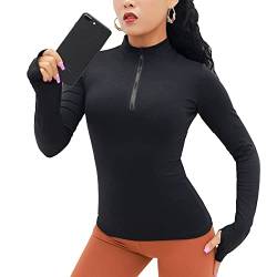 KOEMCY Langarmshirt Damen Sweatshirt Sportshirt Leicht Fitness Oberteil mit 1/4 Reißverschluss Laufshirt mit Daumenlöcher Gym Top Stehkragen Oberteil Yoga Langarm (Schwarz,L) von KOEMCY