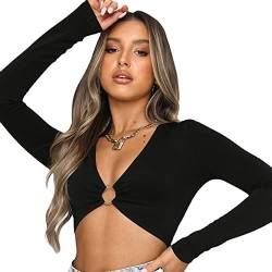 KOEMCY Oberteil Damen Bluse Langarmshirt Sexy Crop Tops V Ausschnitt Slim Fit Oberteil Pullover Casual Streetwear Party Langarm Longshirt (Schwarz,L) von KOEMCY