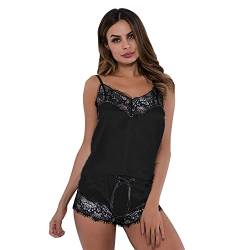 KOEMCY Schlafanzug Damen Kurz Pyjama Set Spitzen Sexy Dessous Satin Pyjama Set Cami Top Shorts Sexy V-Ausschnitt Ärmellos Sleepwear Nachtwäsche (Schwarz,M) von KOEMCY