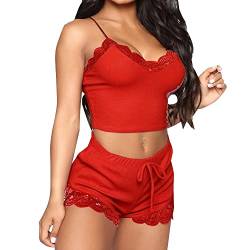 KOEMCY Schlafanzug Damen Spitzen Sexy Dessous Cami Schlafanzug Kurz Set Sexy V-Ausschnitt Sleepwear Crop Top Shorts Sets Ärmellose Camisole Loungewear (Rot,S) von KOEMCY