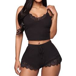 KOEMCY Schlafanzug Damen Spitzen Sexy Dessous Cami Schlafanzug Kurz Set Sexy V-Ausschnitt Sleepwear Crop Top Shorts Sets Ärmellose Camisole Loungewear (Schwarz,M) von KOEMCY