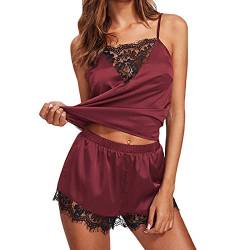 KOEMCY Schlafanzug für Damen Satin Schlafanzügen Spitze Pyjama Set Sexy V-Ausschnitt Sleepwear Ärmellose Camisole Shorts Negligee Hausanzug (Rot,XL) von KOEMCY