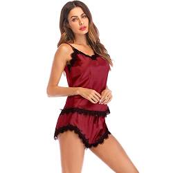 KOEMCY Schlafanzug für Damen Spitze Schlafanzügen Sexy V Ausschnitt Pyjama Set Imitation Seide Nachtwäsche Schlafhose Kurz Ärmellose Camisole Shorts (Rot,XL) von KOEMCY