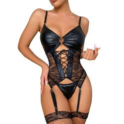 KOEMCY Sexy Body Dessous Damen Lingerie Set mit Strumpfband und Slip Sexy Unterwäsche für Frau Reizwäsche V-Ausschnitt Teddy Babydoll Bodysuit (Schwarz, L) von KOEMCY