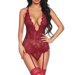 KOEMCY Sexy Dessous Body Damen Sexy Spitze Teddy Reizwäsche Tiefer V-Ausschnitt Unterwäsche Nachtwäsche Erotisch Dessous-Set Babydoll mit Strumpfhaltergürtel-Dessous (Rot, XL) von KOEMCY