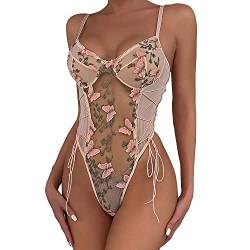 KOEMCY Sexy Dessous Damen Body Sexy Spitze Bodysuit Tiefer V-Ausschnitt Unterwäsche Negligee Teddy Babydoll Blumenstickerei One Piece Erotische Lingerie (Rosa,M) von KOEMCY