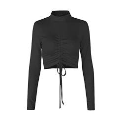 KOEMCY Sexy Oberteil Damen Langarm Halbem Kragen Langarmshirt Crop Tops Bluse mit Tunnelzug Bauchfrei Oberteil Schmal Longshirt (Schwarz,L) von KOEMCY