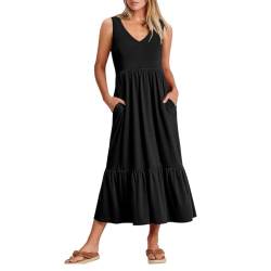 KOEMCY Sommerkleid Damen Ärmellos V-Ausschnitt Maxikleid Sommer A-Linie Lang Kleid Strandkleid Tank Kleid mit Taschen (Schwarz, L) von KOEMCY